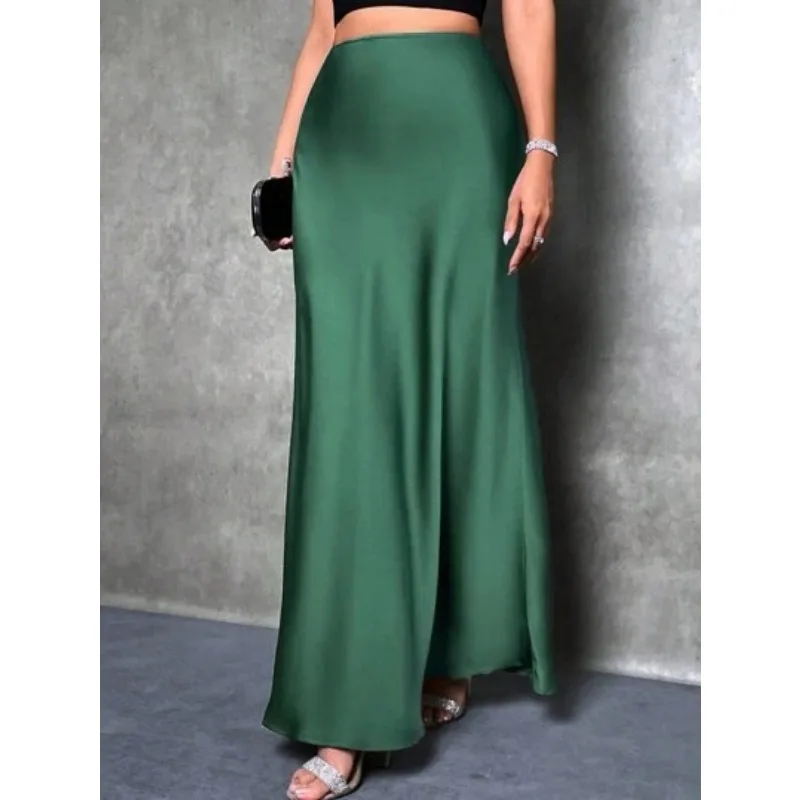 Women's Solid Satin Long Skirt Summer Elegant A-Line Maxi Skirts For Women Casual Office Lady Simple Skirts 5
