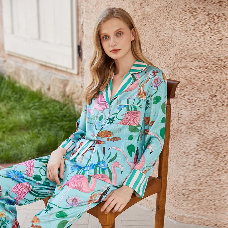 Ins Style Design Ice Silk Flamingo Pajamas Women's Spring Summer Long Sleeves Pants Home Suit Plant Flowers Sleepwear Female