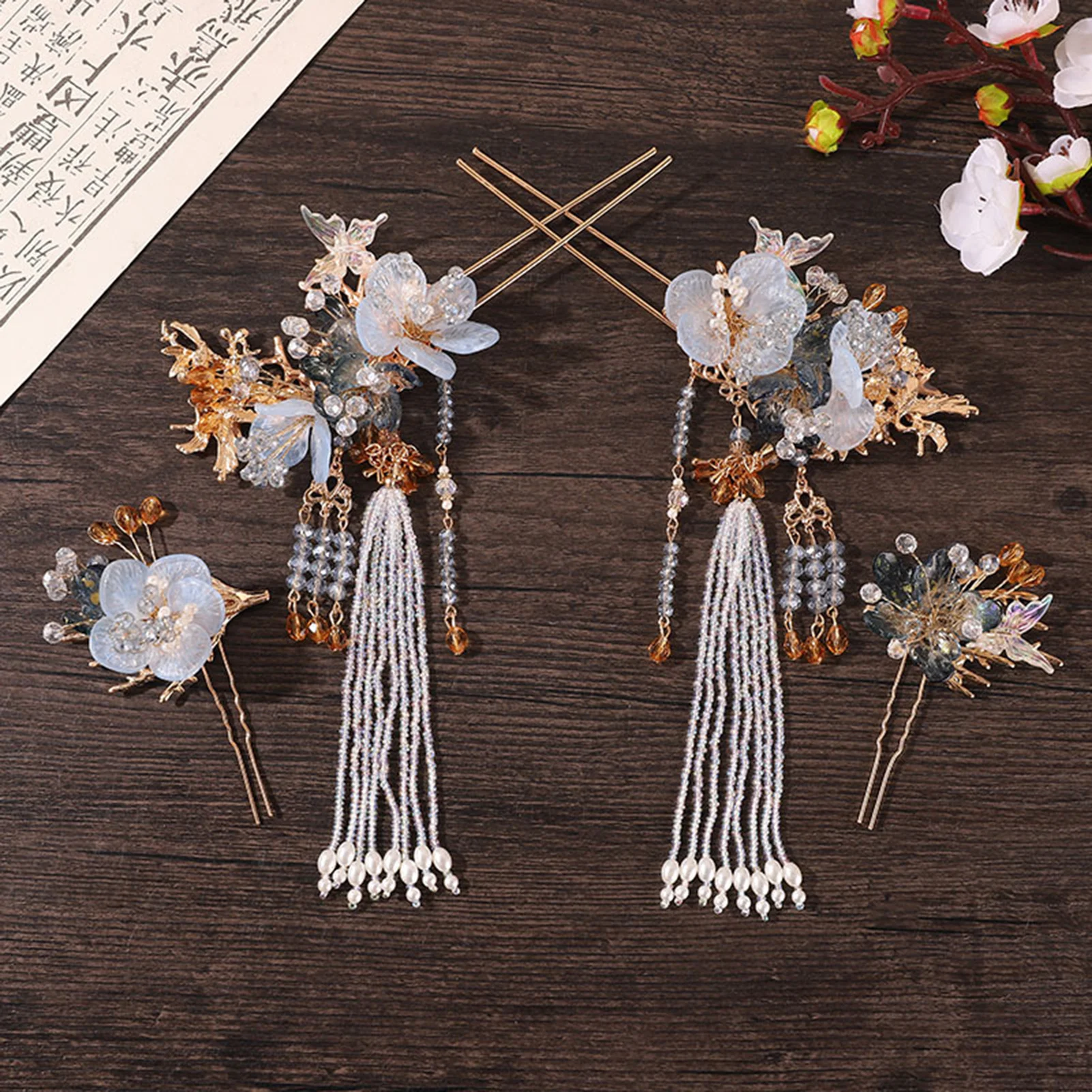 Luxury Hair Clip Blue Flower Hairpin Pearl Long Tassel Hair  display picture 2