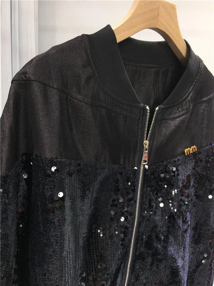 European Jacket Coat Women's Fashion Glitter Short Jacket Black Baseball Uniform Female Long Sleeve Autumn and Winter Coat