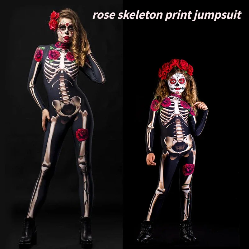 

Halloween women's personality cosplay parent-child rose skeleton print jumpsuit