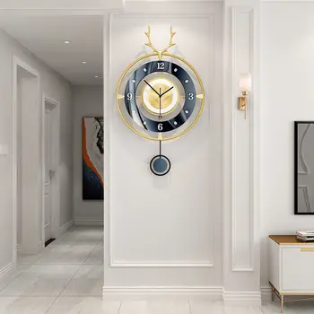 Metal Deer Head Luxury Round Large Pendulum Wall Clocks 4
