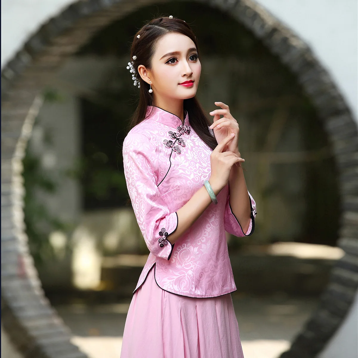 Vintage Blouse Satin Women Oriental Tops Retro Mandarin Collar Coat Print Floral Shirt Traditional Chinese Tang Clothing