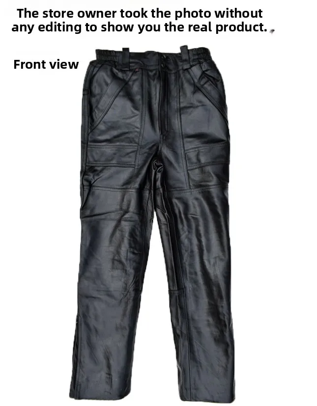 Genuine Leather Motorcycle Pants Men's eepskin Top Layer Windproof Loose Straight Leg High Waist Deep Crotch Casual Trousers