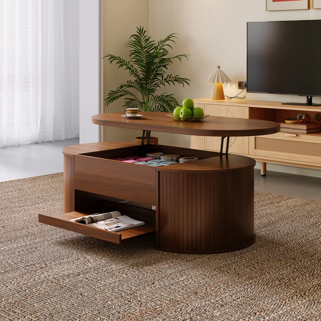 Table basse relevable avec rangement, table basse Trau avec côtés en bois courbés et étagère coulissante, meubles multifonctionnels pour salon 1