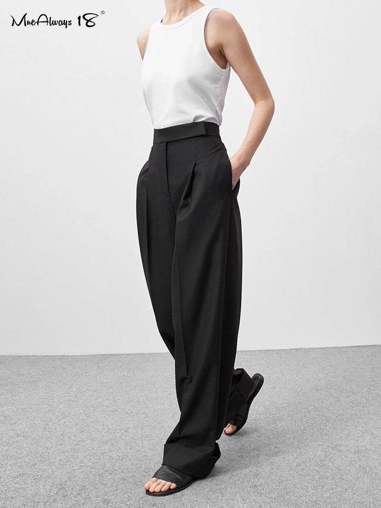 Mnealways18 Spring Summer Black Ladies Office Trousers Womens High Waist Pants Pockets Female Pleated Wide Legs Pants Solid 2024 elegant women s pleated dress a line loose ruffle pockets sleeveless summer casual vintage fashion v neck dress for female 2024