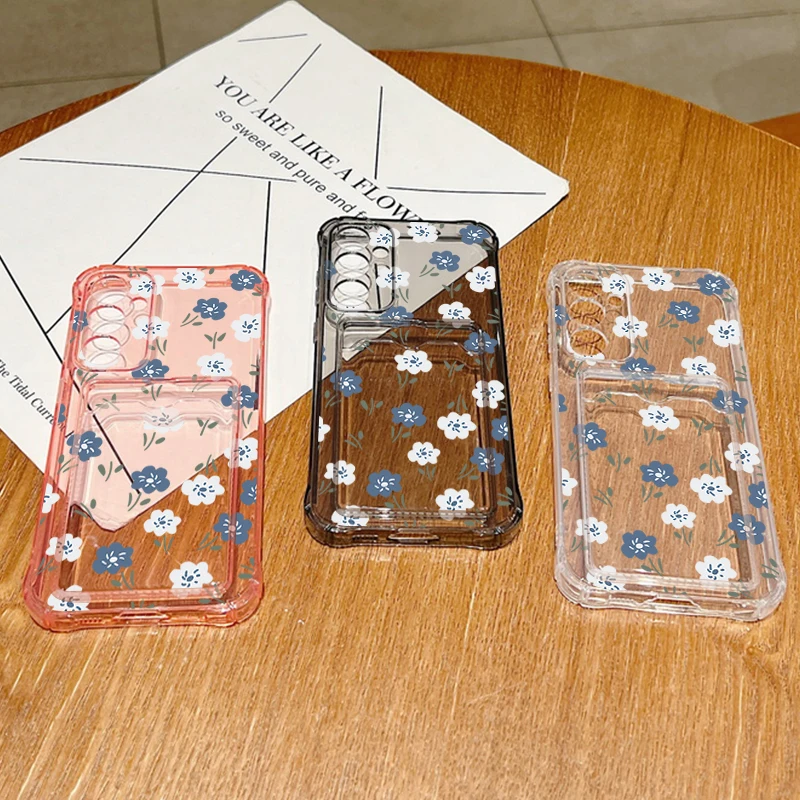 Blue & White Floral Card Wallet Phone Case - TPU Protective Cover