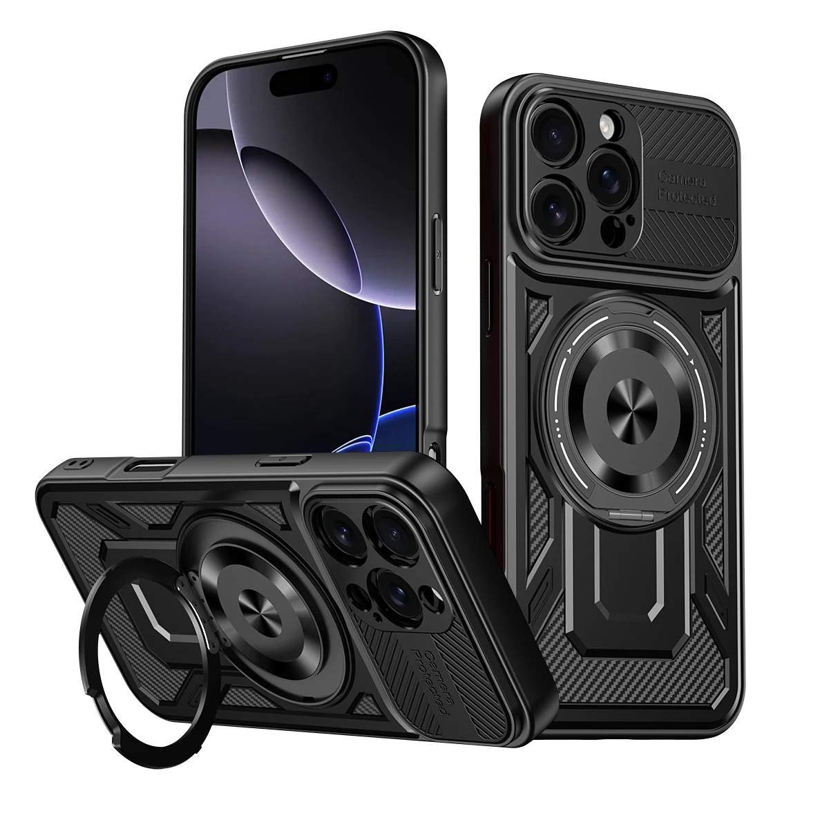 360° Magnetic Ring Stand Metal Case with Wireless Charging and Anti-Fall Protection