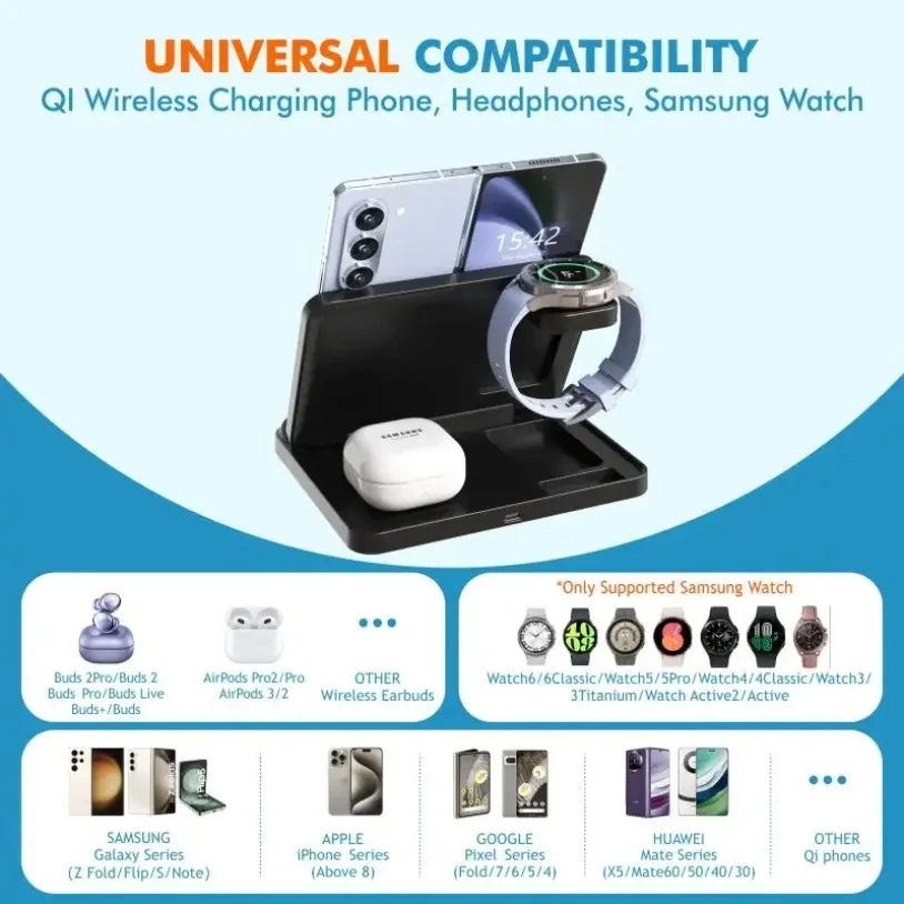 3 in 1 Foldable Fast Charging Dock Station Wireless Charger Stand For Samsung Z Fold Zflip5 S25 S24 Ultra Galaxy Watch 6 5 Buds2