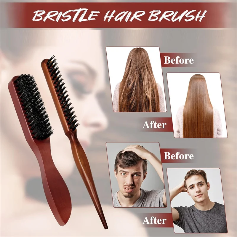 나무 손잡이가있는 2pcs 프리미엄 강모 헤어 브러시 매끄러운 뒤 헤어 브러시 가장자리 브러시 세트 멧돼지 강모 놀리는 브러시 쥐 꼬리 빗
