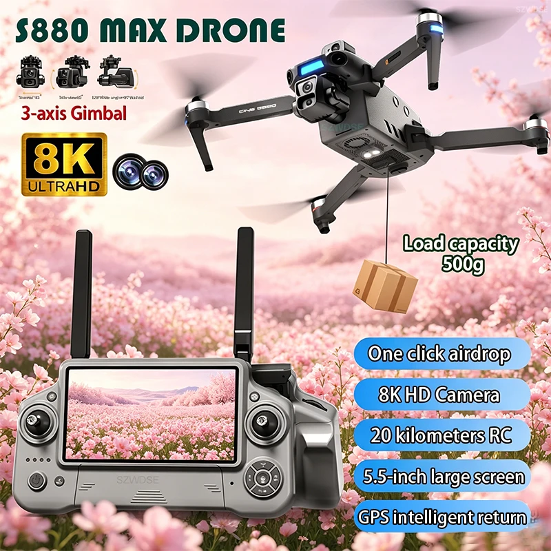 Nuovo Drone 2026 con Doppia Fotocamera 8K, Schermo Grande da 5,5 Pollici, Controllo dell'Aereo, Gimbal a 3 Assi, GPS, Ritorno Automatico, Elicottero Giocattolo
