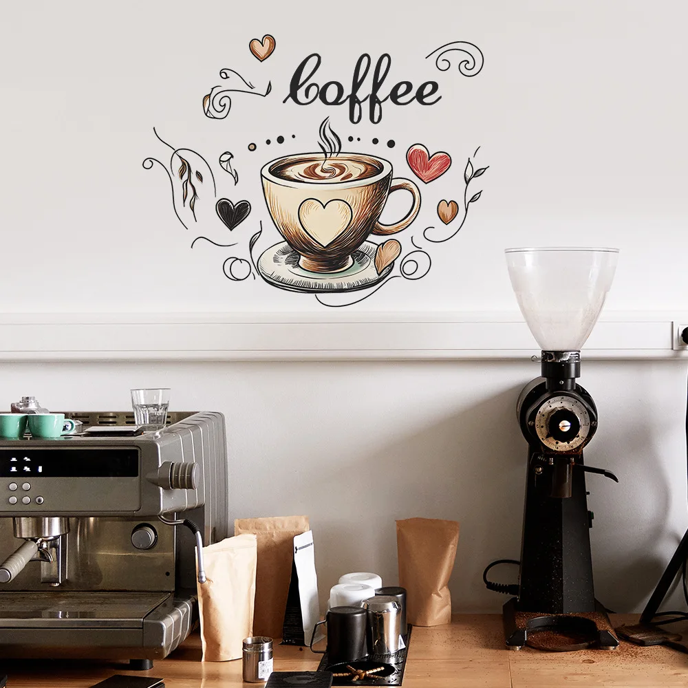 Wall Stickers Creative Love Coffee Cup Wall Stickers For Cafe Background Decoration Wallpaper Kitchen Beautify Home Decor Self-adhesive Decals