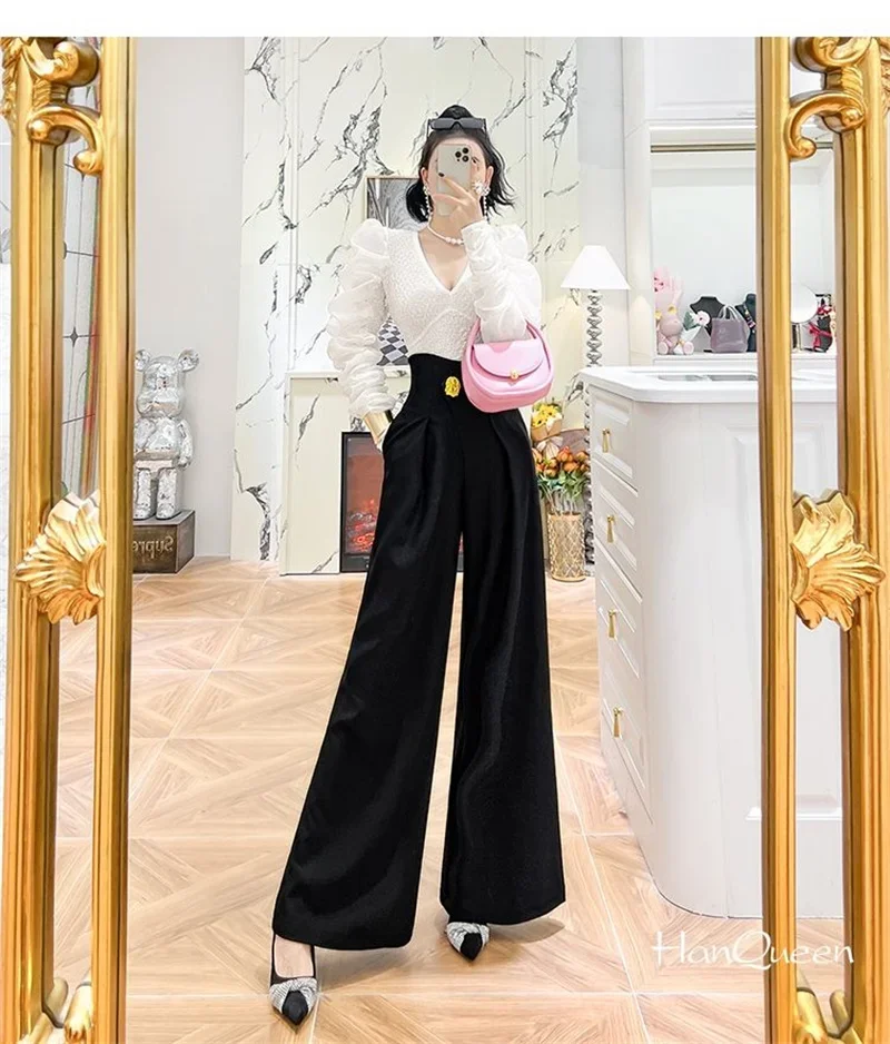 Elegant Office Lady Wide Leg Pants Korean Design Flower Button High Waist Pantalones Baggy Spring Summer Straight Spodnie New