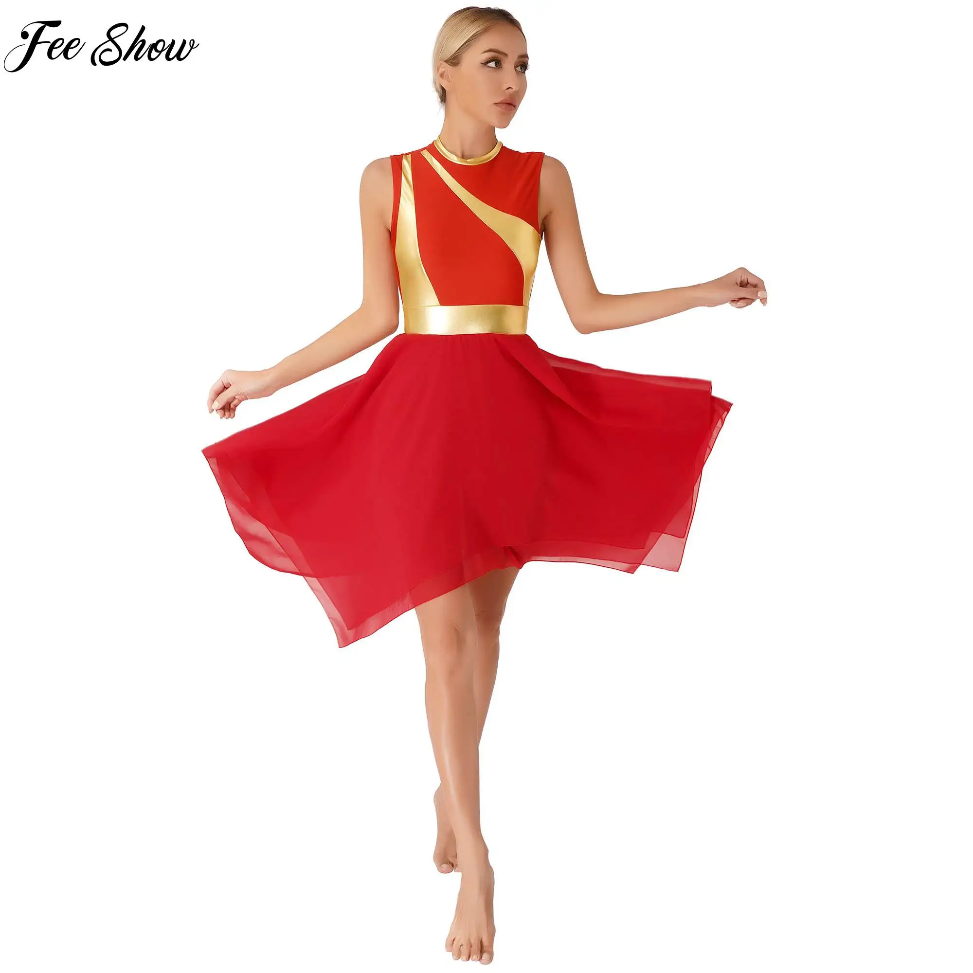 

Womens Modern Lyrical Dance Costume Color Block Patchwork Dresses Sleeveless Invisible Zipper Back Irregular Hem Dress Dancewear