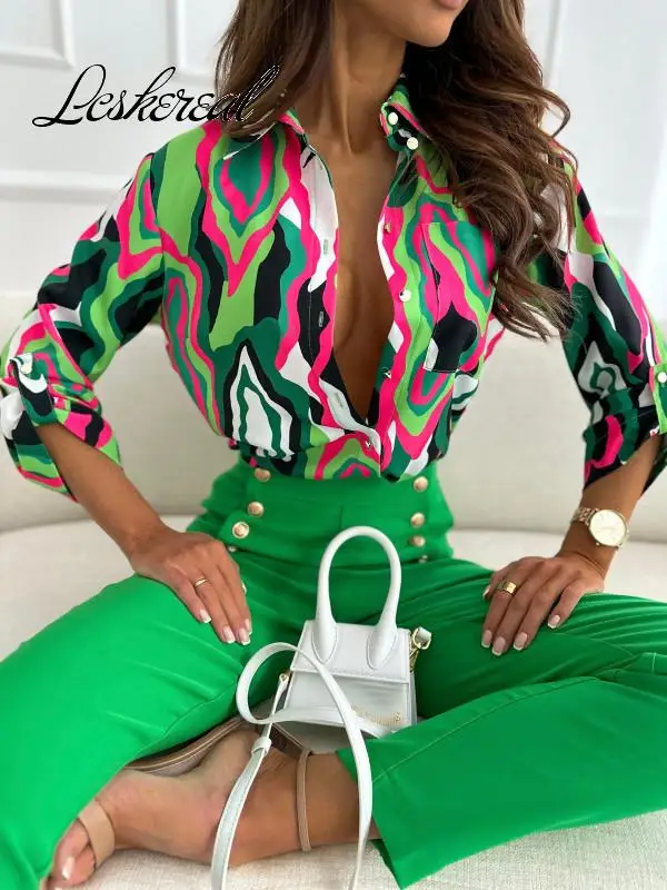 Fashion Long Sleeve Buttons Shirts & Blouses For Women 2023 Spring Casual Print Womens Tops And Blouse Office Top Femme Shirt 1