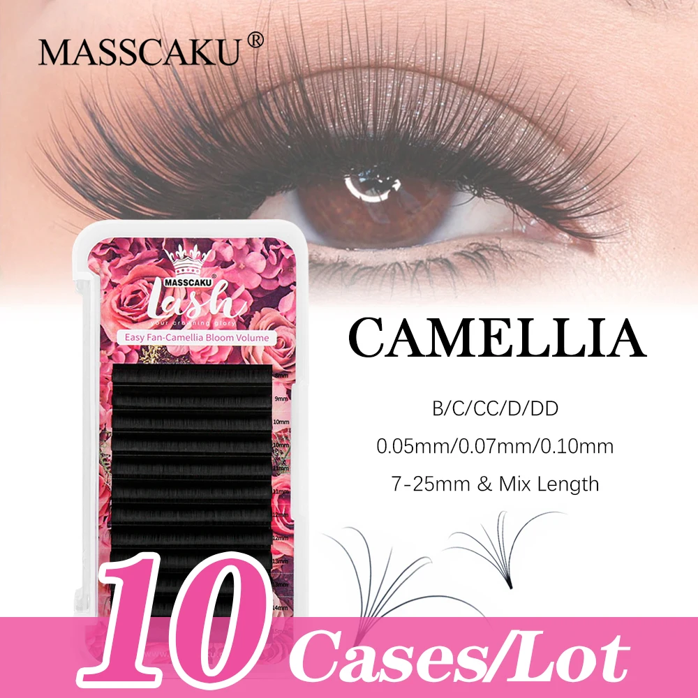 

MASSCAKU 10Cases/lot High Quality One Second Auto Blooming Fanning Eyelashes Extension 8-20mm&mix C/CC/D/DD Curl Volume Eyelash