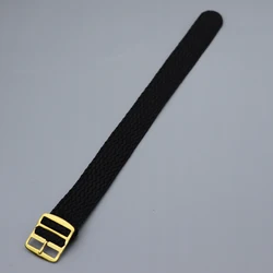 Gold Buckle Braided Nylon Perlon Watch Strap - Elastic Woven Band - 20mm (Black G)
