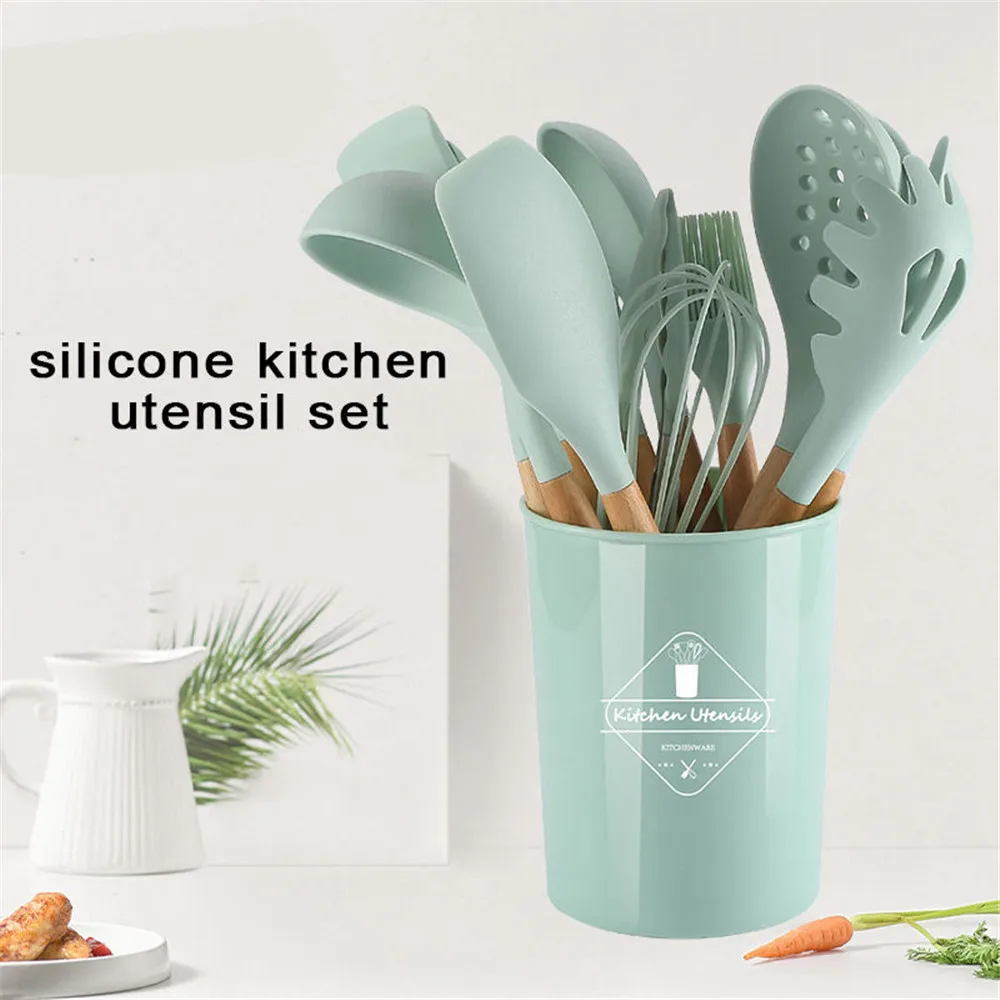 

Silicone Cooking Kitchen Utensils Set Non-Stick Cookware Spatula Shovel Soup Spoon Wood Handle Cooking Tools Set Accessories