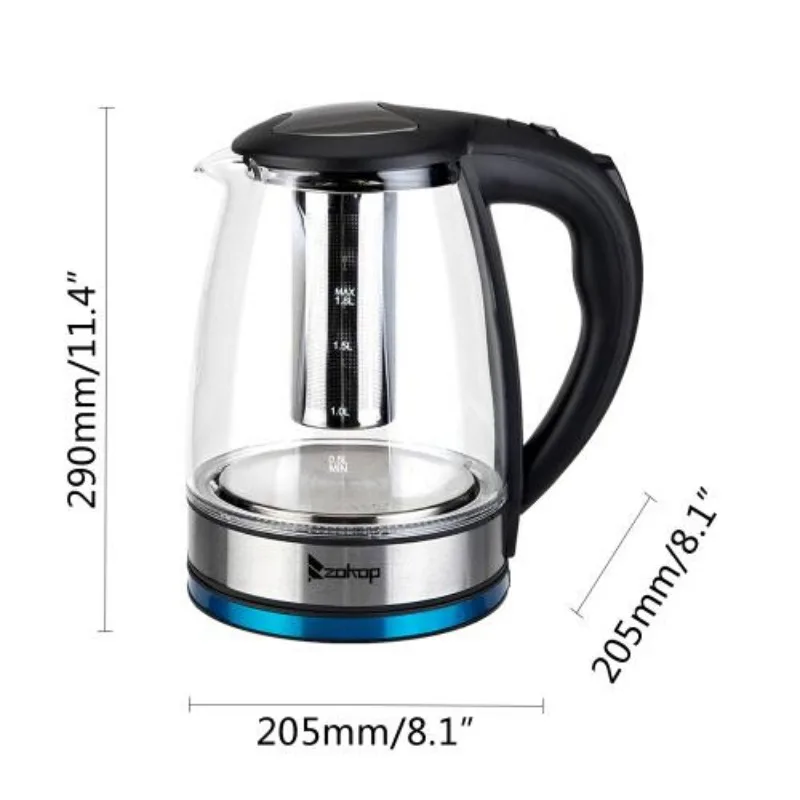 ZOKOP 1800W/1.8L Electric Glass Kettle with Infuser, LED Light, Auto 5 Minutes Shut-off, Boil Dry, Overheat Protection, BPA-Free 4