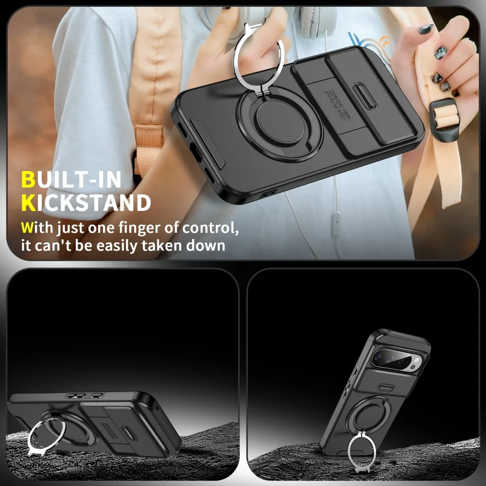Hybrid Dual Layer Magnetic Metal Stand Case with Slide Camera Lens Protector - Shockproof Cover