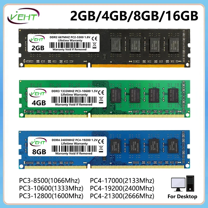 DDR3 DDR4 4GB 8GB 16GB Desktop Memories Ram PC2 PC3 1.5V 1066 1333 1600Mhz PC4 1.2V 17000 19200 21300 Non-ECC DIMM Memory Ram