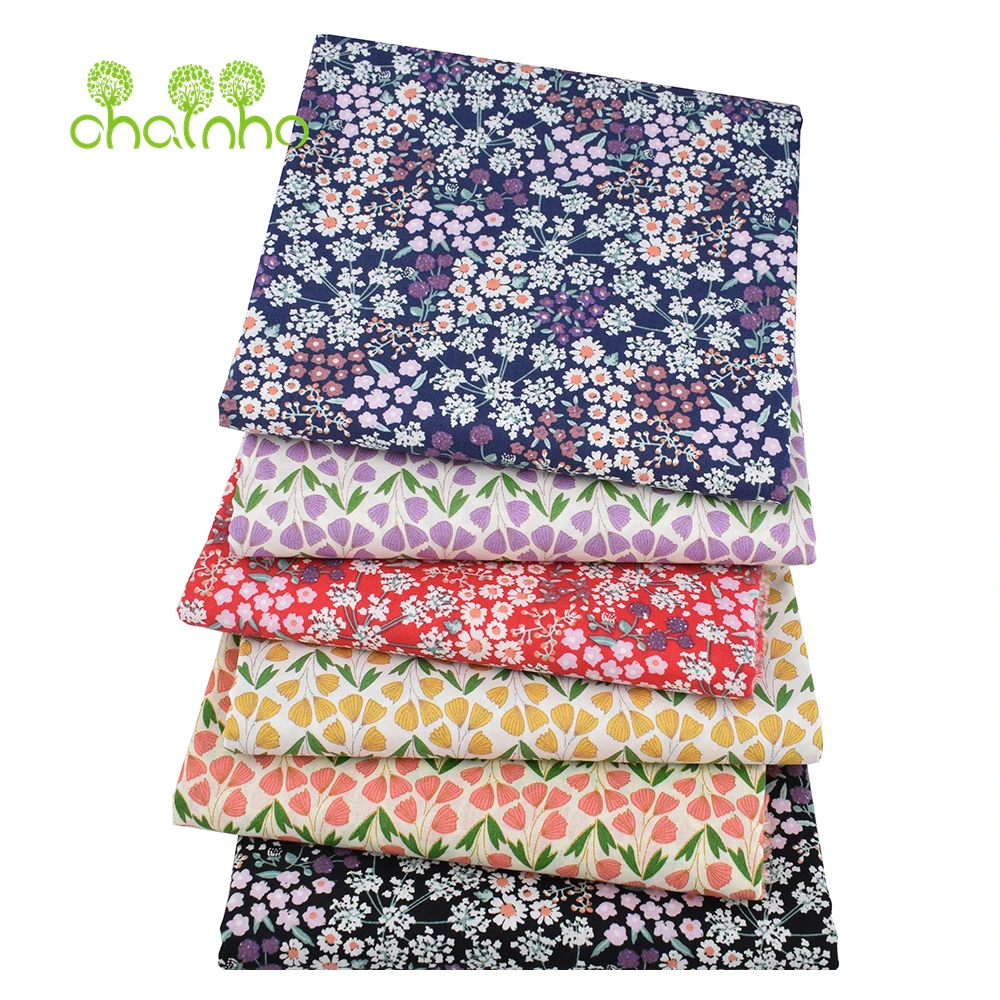 Chainho,Printed Plain Weave Poplin Cotton Fabric,DIY Sewing Quilting Material,Patchwork Cloth,Floral Series,3 Sizes,15PC202