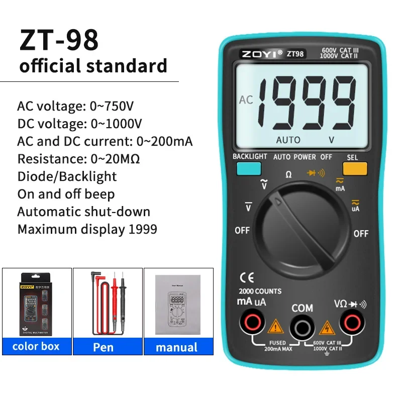 ZOYI ZT98 Digital Multimeter Ammeter Voltmeter Resistance Frequency backlight Meter voltage Diode Frequency ZT98