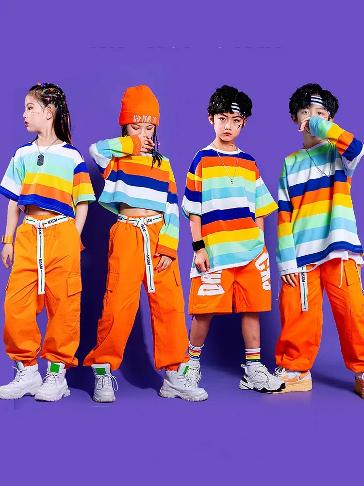 

Girls Striped Crop Top Cargo Pants Boys Hip Hop Rainbow T-shirt Loose Street Dance Shorts Children Streetwear Kids Jazz Costumes