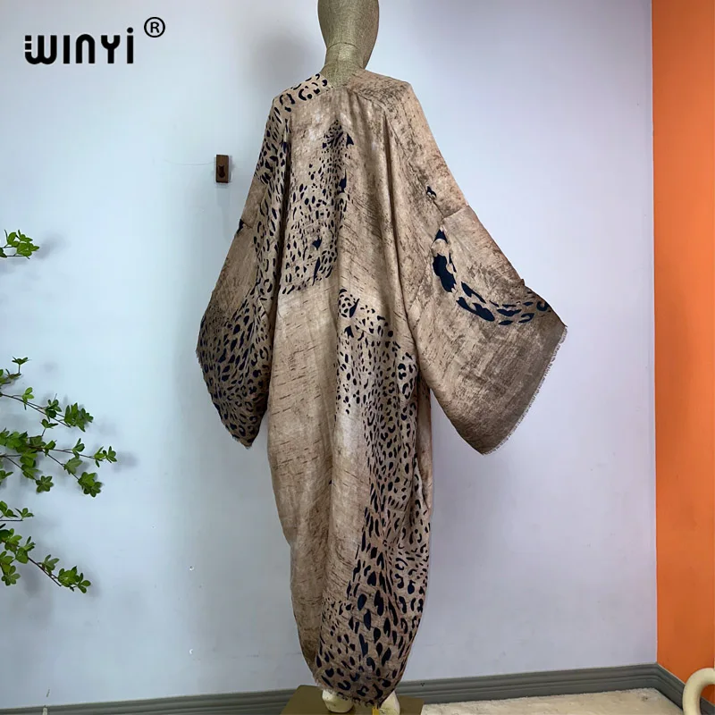 WINYI 여름 보헤미안 레오파드 프린트 비치 웨어 수영복 커버 업 유럽 여성 가디건, 화려한 섹시 홀리데이 긴 소매 기모노