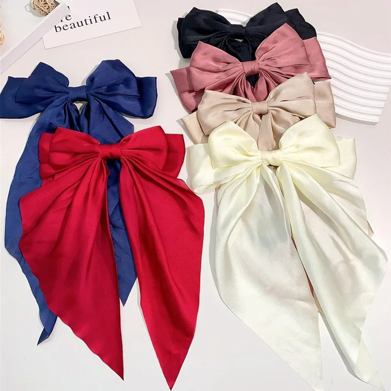 Fashionable Solid Color Ribbon Bow Hair Clip Women's Elegant Long Satin Large Bow Spring Clip Girls' Hair Accessory Top Clips
