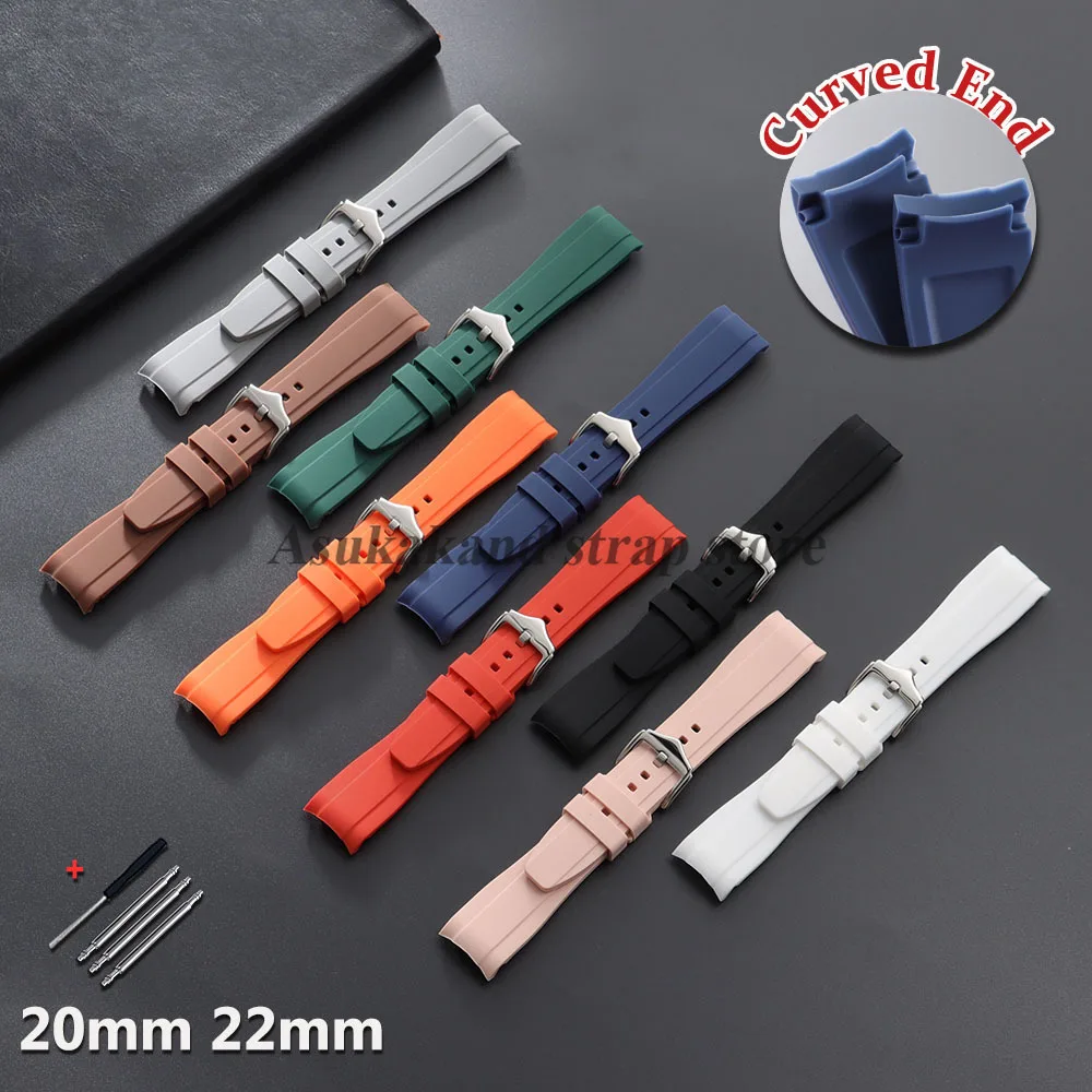Universal Waterproof Curved-End Silicone Watch Band - Rubber Strap for Men and Women, Sports Design, 20mm & 22mm
