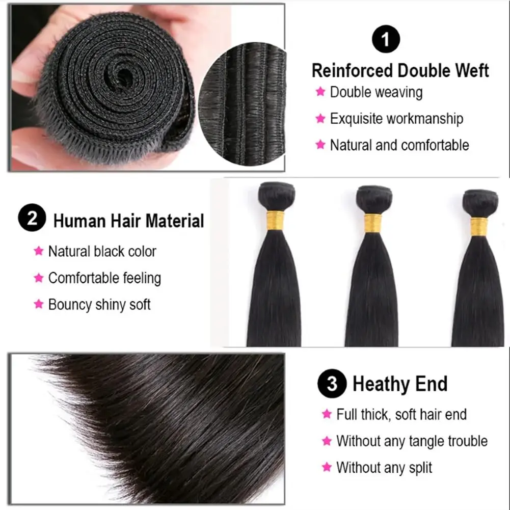 Extensioni di Capelli Umani Lisci, 3 Fasci di Capelli Vergini Brasiliani Non Trattati, Lunghezza 20 22 24 Pollici, 100% Naturali # 1B - immagine 2