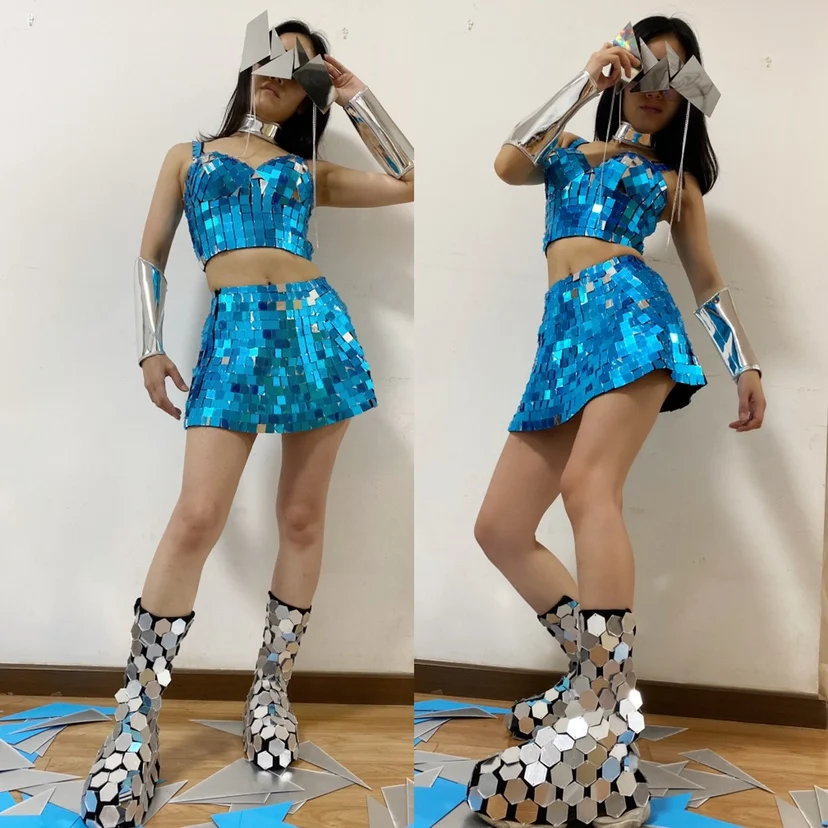 

New silver mirror Performance clothes Tank tops Short skirt Japanese beautiful girl Warrior nightclub singer bar Stage clothes