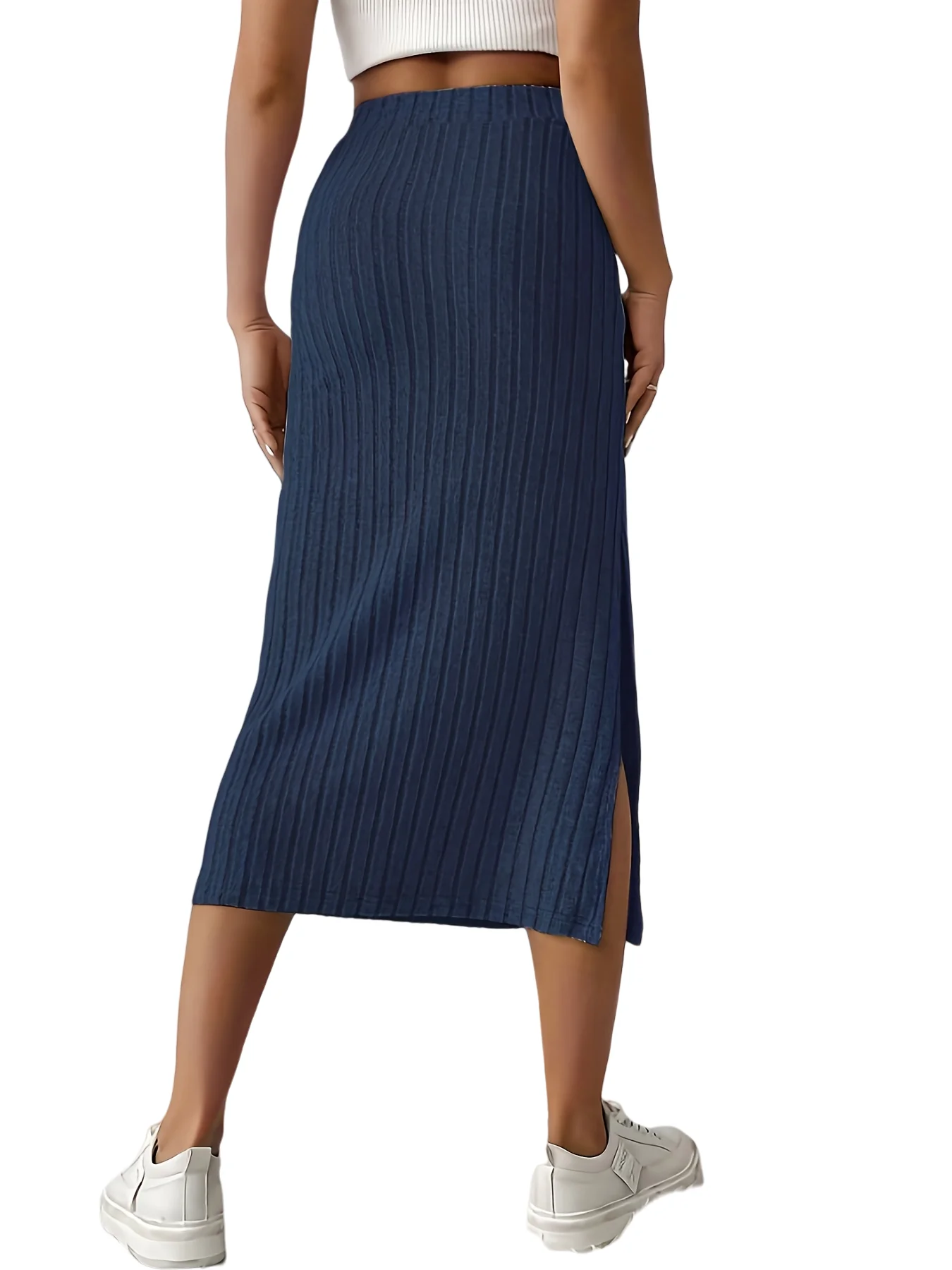 Elegant Navy Blue Casual Slit Skirt