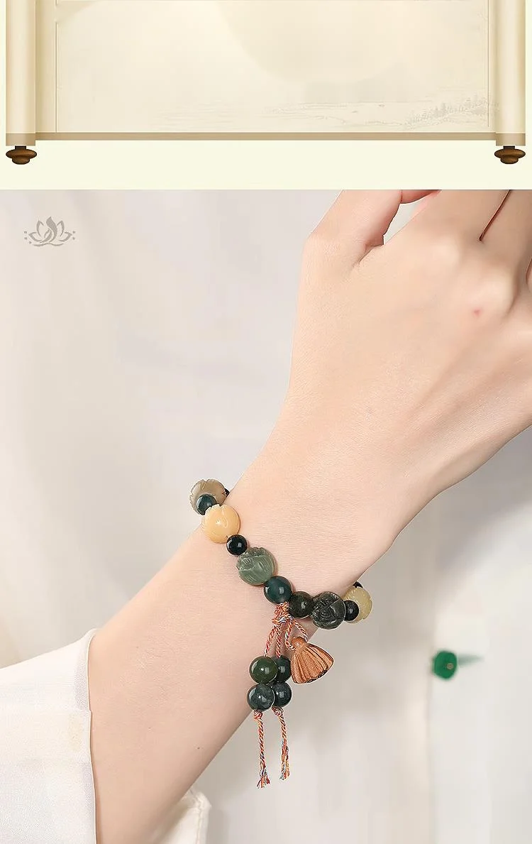 Lingyin Wealth God Same Style Rich Flower Lotus Colored Bodhi Green Sandalwood Water Grass Agate Handcarved Hand Strand, A Lot Of Money And Good Luck_voghion.com