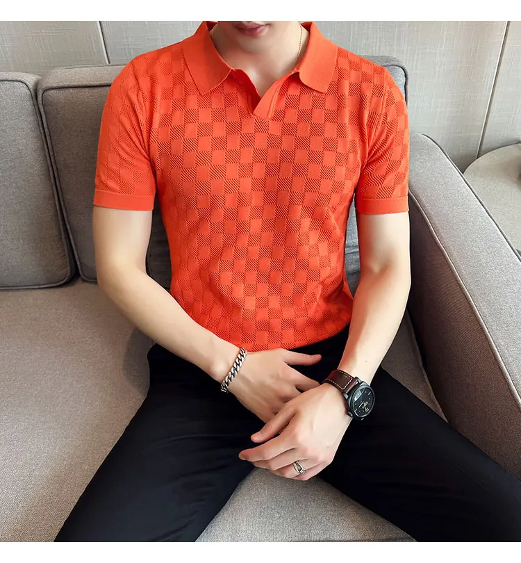 Men Transparent Mesh Knitted Polo Shirt 2022 Summer Short Sleeve V