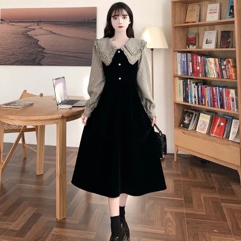 

doll collar lantern long-sleeved dress 2023 spring and autumn new splicing loose yards A word casual medium-length dres