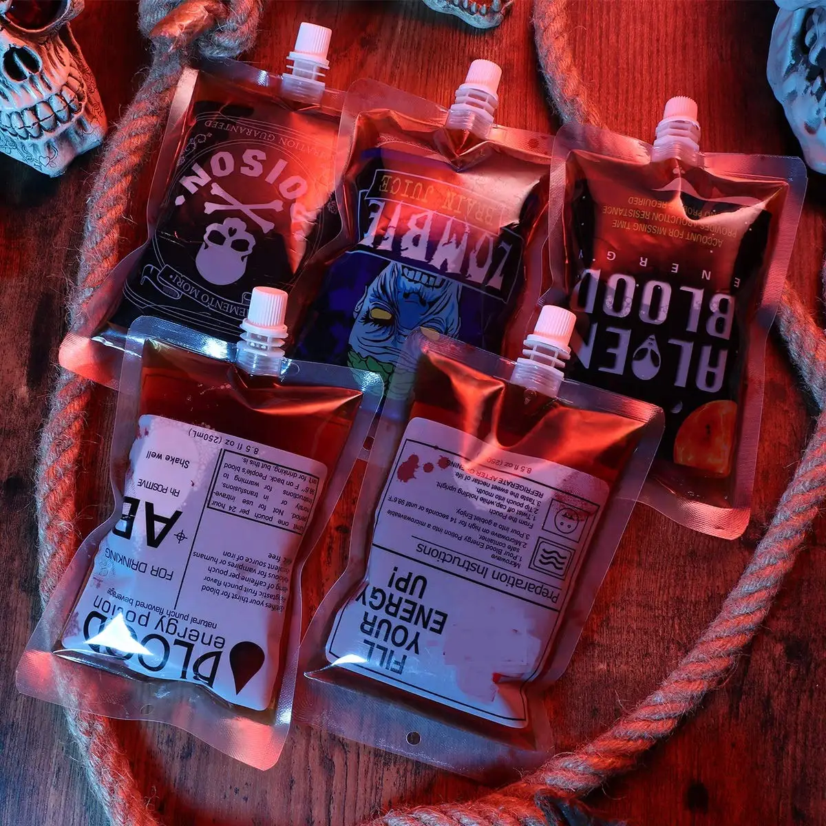 20Pcs 250ml sacchetti di sangue di Halloween sacchetti per bevande con imbuto Cosplay contenitore per infermiere Decor oggetti di scena per vampiri forniture per feste di Zombie