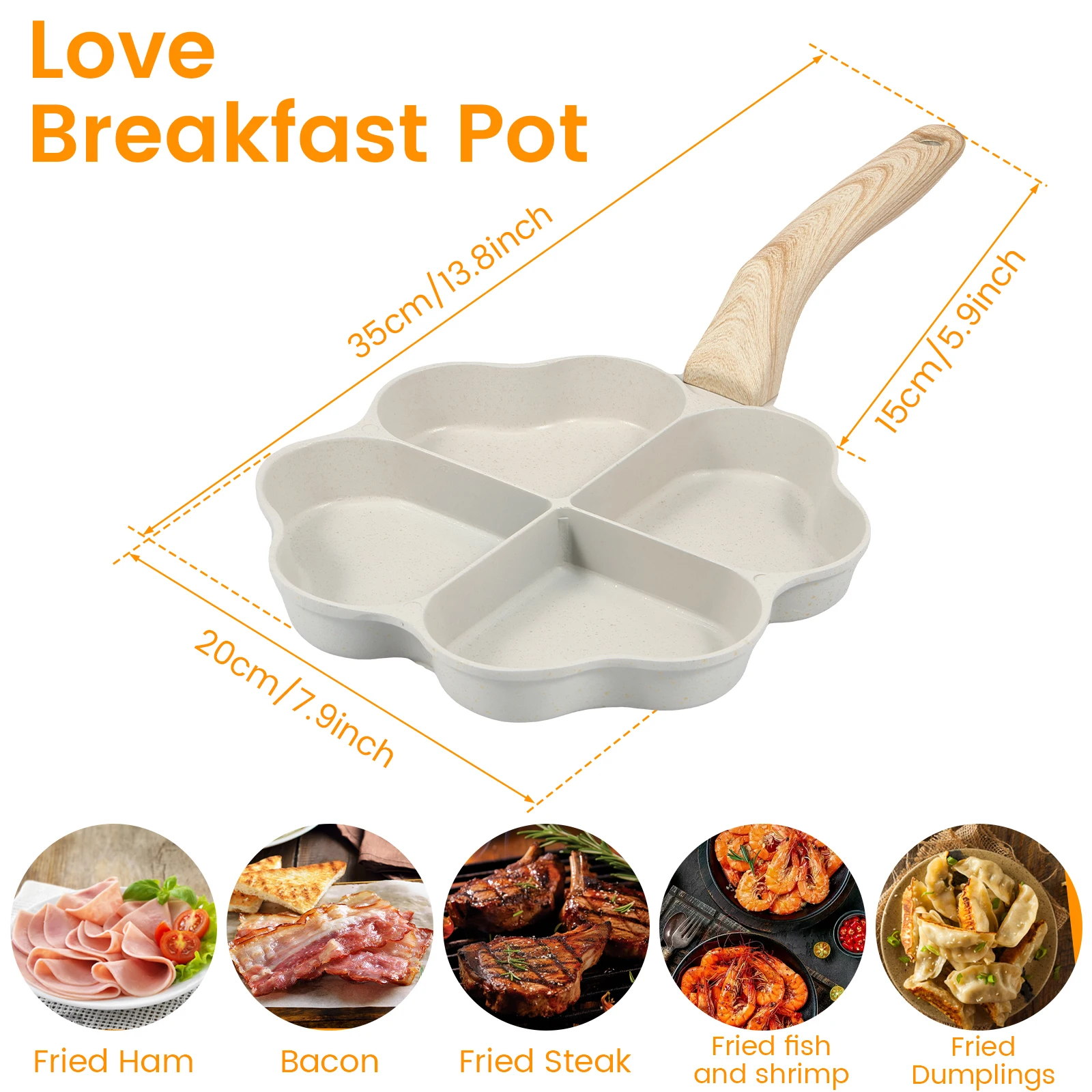 Egg Frying Pan 4-Cup Heart Omelette Pan Non-Stick Egg Skillet with Wooden Handle Aluminum Alloy Egg Cooker Pan Effortless