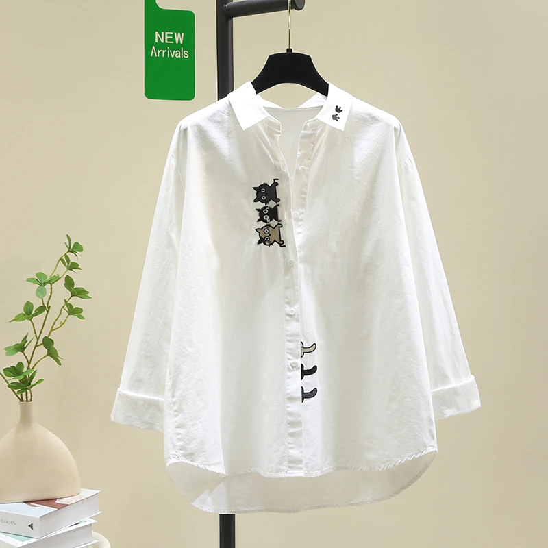Spring and Autumn New Cute Cat Embroidery Pure Cotton Breathable Shirt for Women, Korean Style Casual Age-Reducing Versatile Student Layered Long-Sleeve White Shirt Top 1