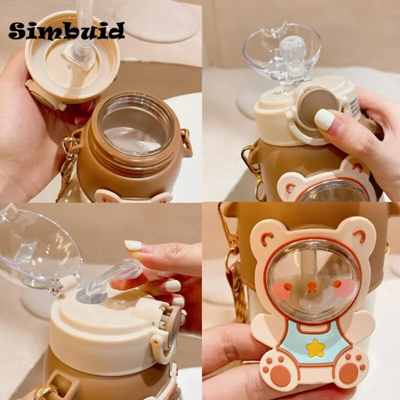 Cartoon Plastic Water Bottle With Strap, Pop-up Lid And Soft Straw, Cute  Design