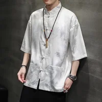 Robe traditionnelle chinoise d'été de haute qualité, chemise brodée de Dragon, vêtements pour hommes, soie glacée, demi-manches, hauts Vintage, grande taille 6