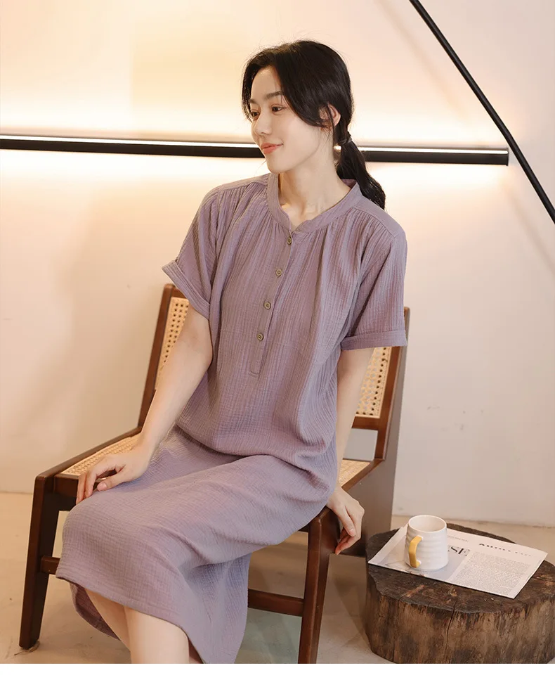 Fdfklak Koreanische Crepe Baumwolle Nachthemd frauen Nachthemden Japanischen Lose Hause Kleidung Frühling Sommer Schlaf Kleid Nacht Trägt – Detail 4