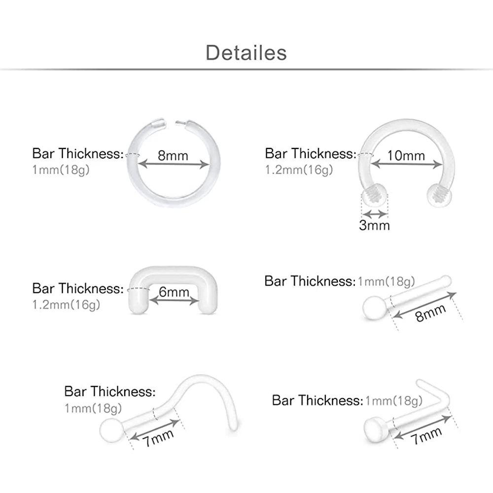 Clear Piercing Retainers Septum Retainer Studs Flexible Lip Ear Nose Tongue Ring Nipplering Cartilage Rook Daith Horseshoe