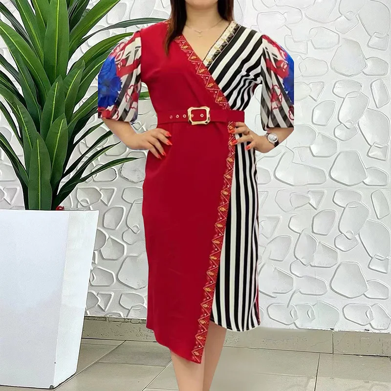 Spring Autumn Fashion Striped Patchwork Plus Size Dress Women Print Elegant Three Quarter Sleeve Oversized Vestidos De Fiesta