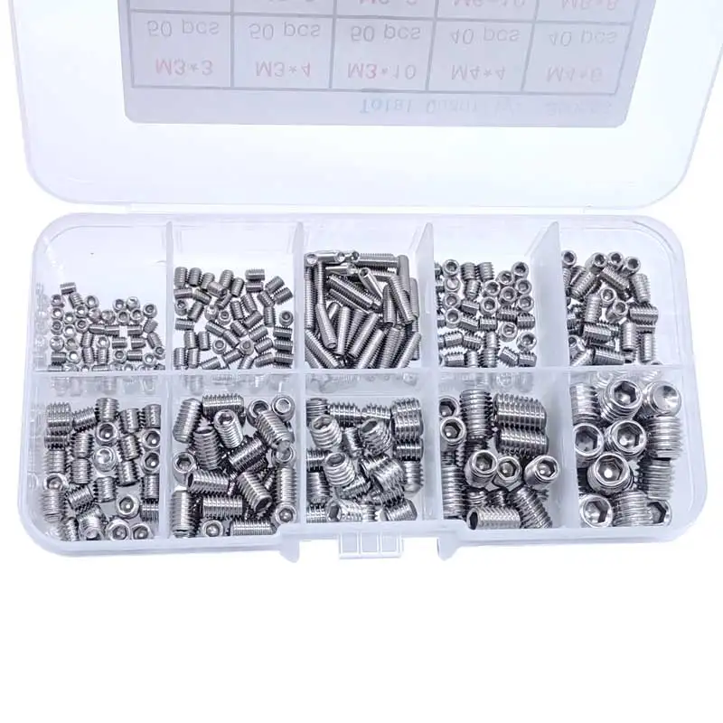 350pcs Stainless Steel Allen Head Socket Hex Grub Screw Assortment Kit M3-M8 Hex Drive Set Screws Door Handles Headless Bolt