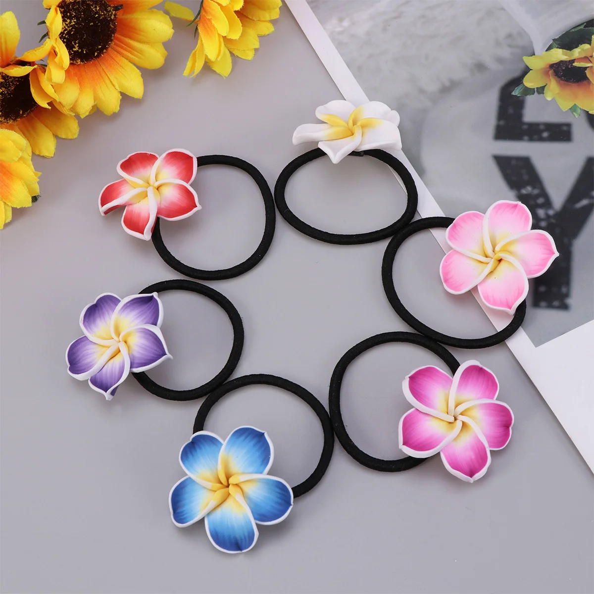 

Plumeria Hair Ties Hawaiian Elastic Hair Ring Luau Beach Ponytail Holder Flower Hair Bands Tropical Stretchy Hair Rope Teen