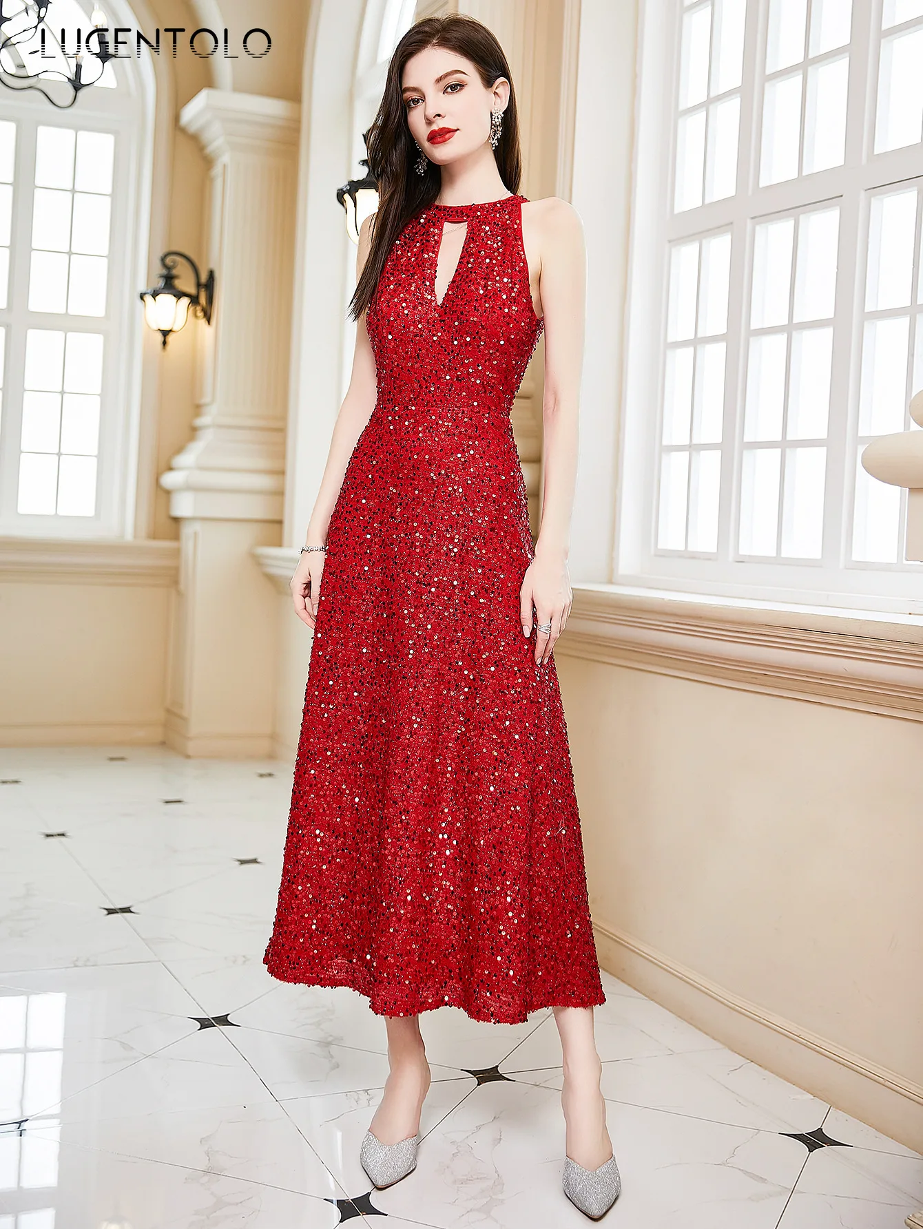 

Lugentolo Women Sleeveless Halter Dress Sexy Backless Red Sequins Party High Waist Lady Slim Elegant Big Swing Hollow New Cloth