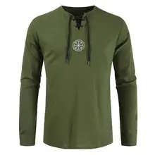 

Men T-Shirt Long Sleeve Viking Embroidery Linen V Neck Men T-Shirt for Daily Life Shirts