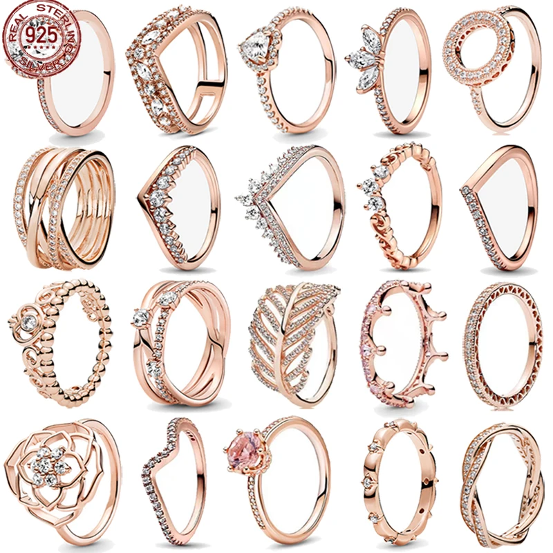 

Women's Jewelry 925 Sterling Silver Classic Rose Gold Series Ring Sparkling Water Drops Crown Charm Ring Exquisite Jewelry Gifts